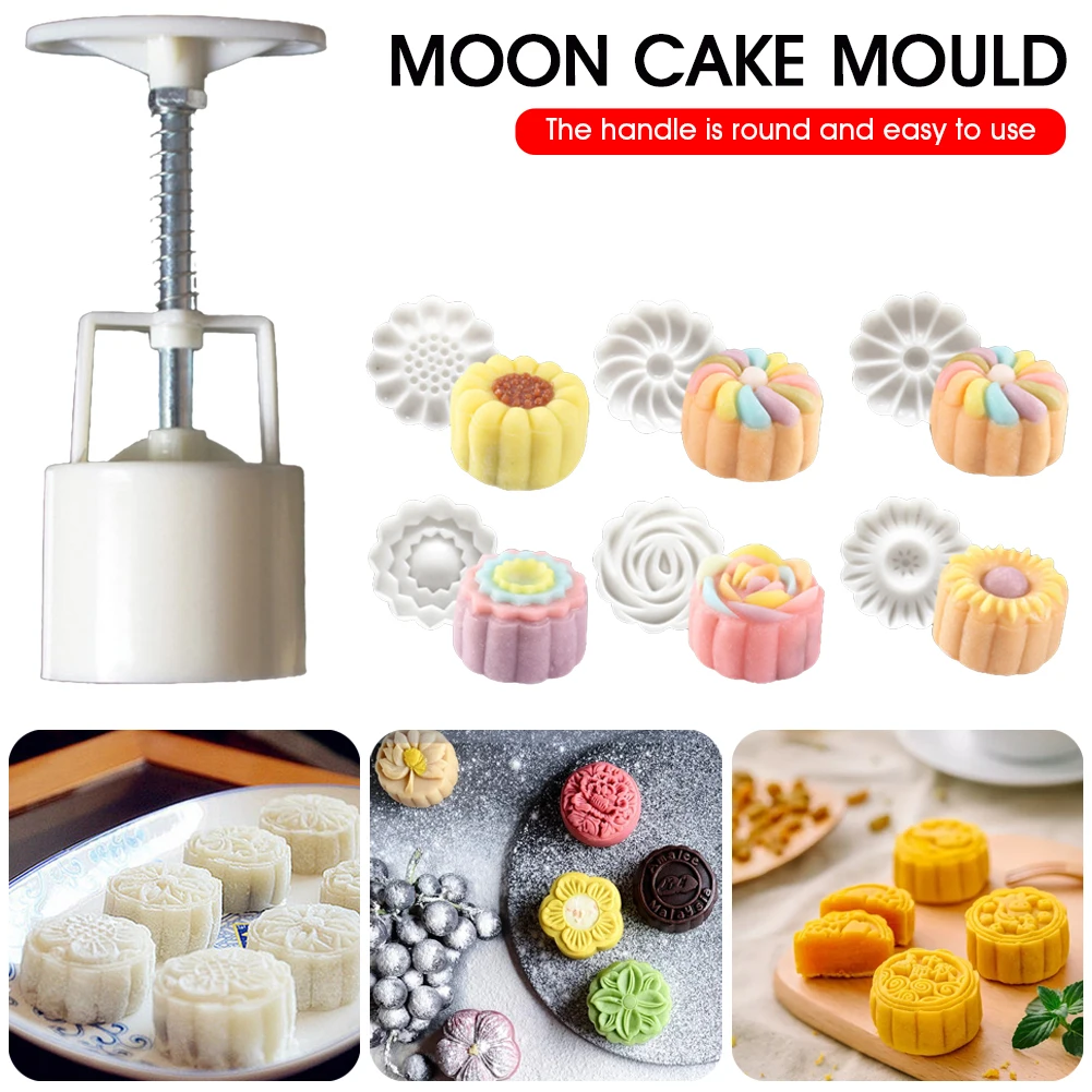 

6 Style Round Flower Mooncake Mold Set Mid Autumn Festival Diy Hand Pressure Fondant Moon Cake Candy Mould Decoration Tool