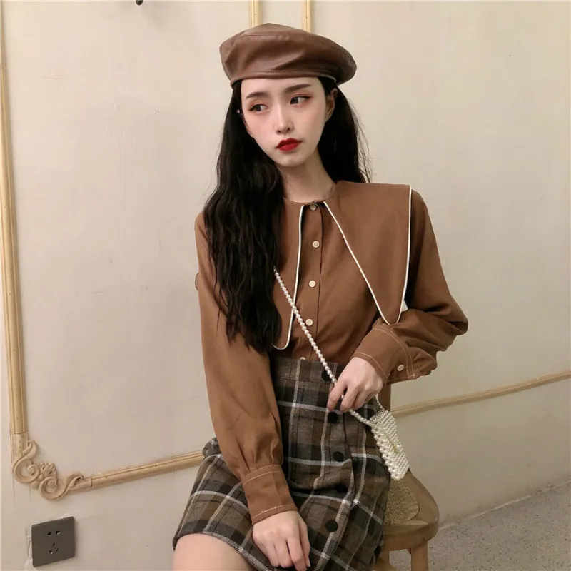 

2021 Chiffon Blouses Women French Style Elegant Doll Collar Fashion Korean Long Sleeve Blouse Women Tops Shirt Y359