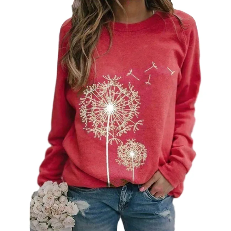 Dandelion Print Women Sweetshirts Long Sleeve T Shirts Top Spring O-neck Casual Female Loose Hoodies Pullover Vintage Streetwear