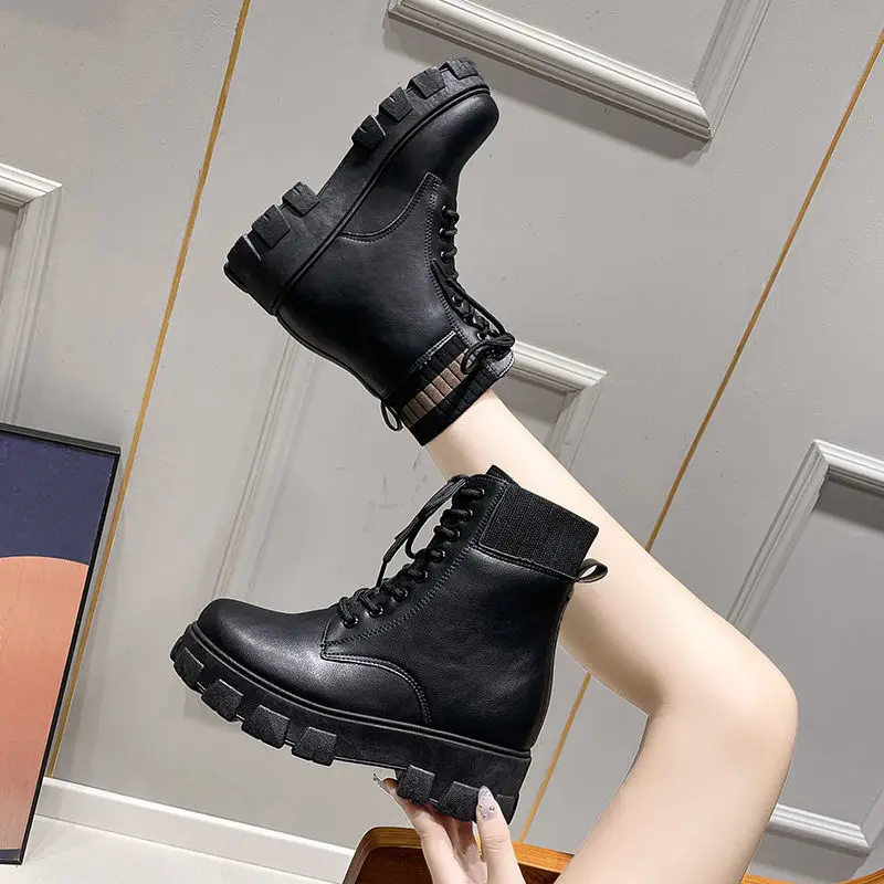 

2021 Autumn New Fashtion Platform Comfortable Women's Ankle Boots Cross Lace-Up Round Head Square Heel Women's Casual Boots