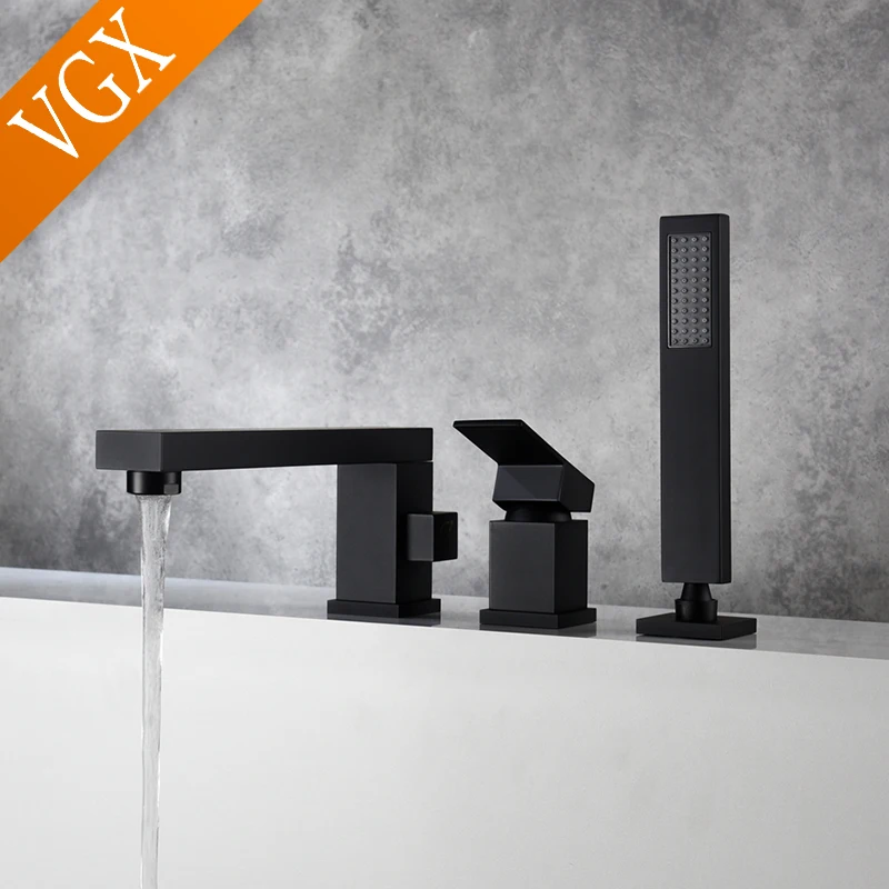 

VGX Bathroom Square Bathtub Faucet with Handheld Shower Single Handle Bath Mixer Shower System Brass Brushed Golden Chrome Black