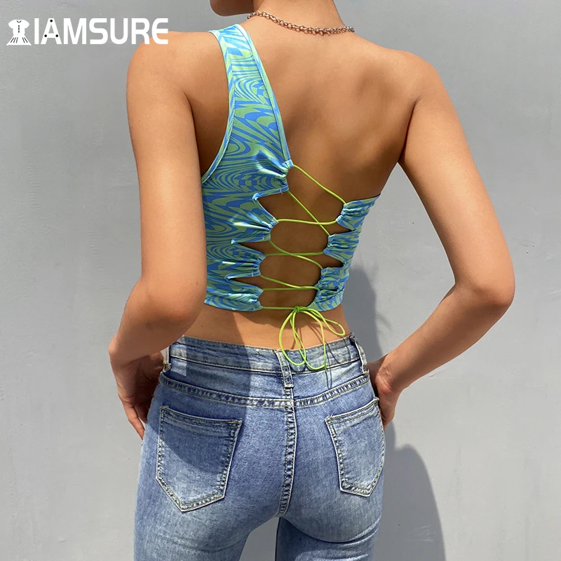 

IAMSURE Beach Style Hollow Out Bandage Tank Top Holiday Sexy Slim Paisley Print Tie Back Sleeveless Crop Tops Women 2021 Fashion