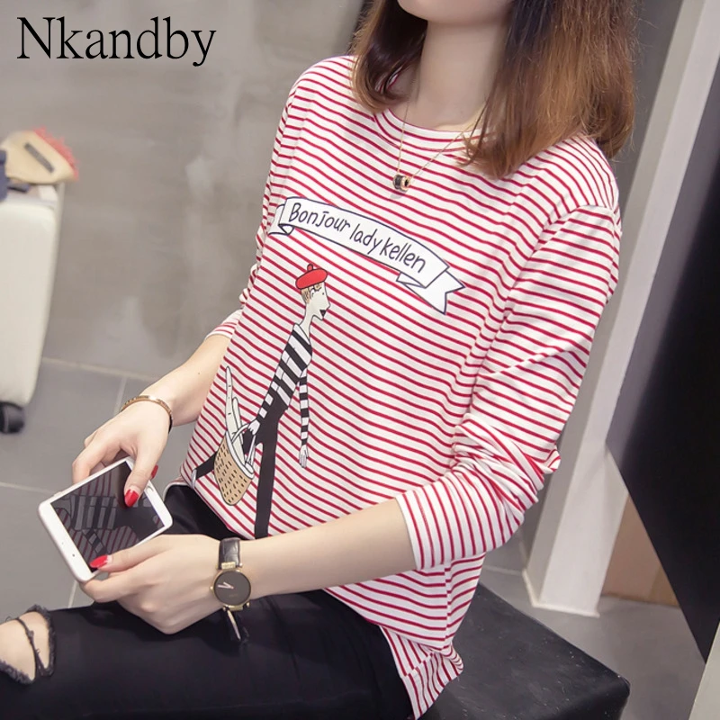 Большие размеры полосатые футболки женские повседневные Забавные с героями