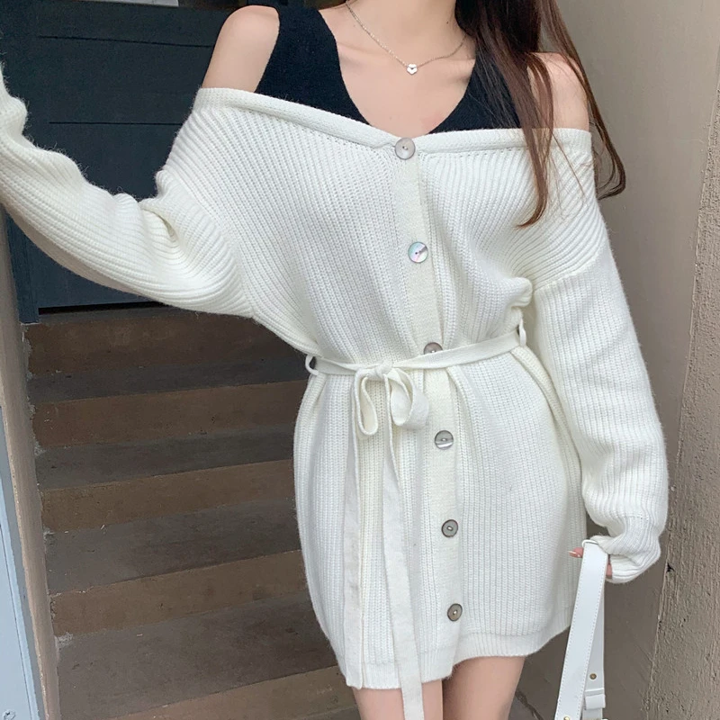 

Off Shoulder Contrast Color Knitting Sweater Dress 2022 Autumn Winter Two-piece Like Sexy Knitted Dress Young Women RXHLYQ382