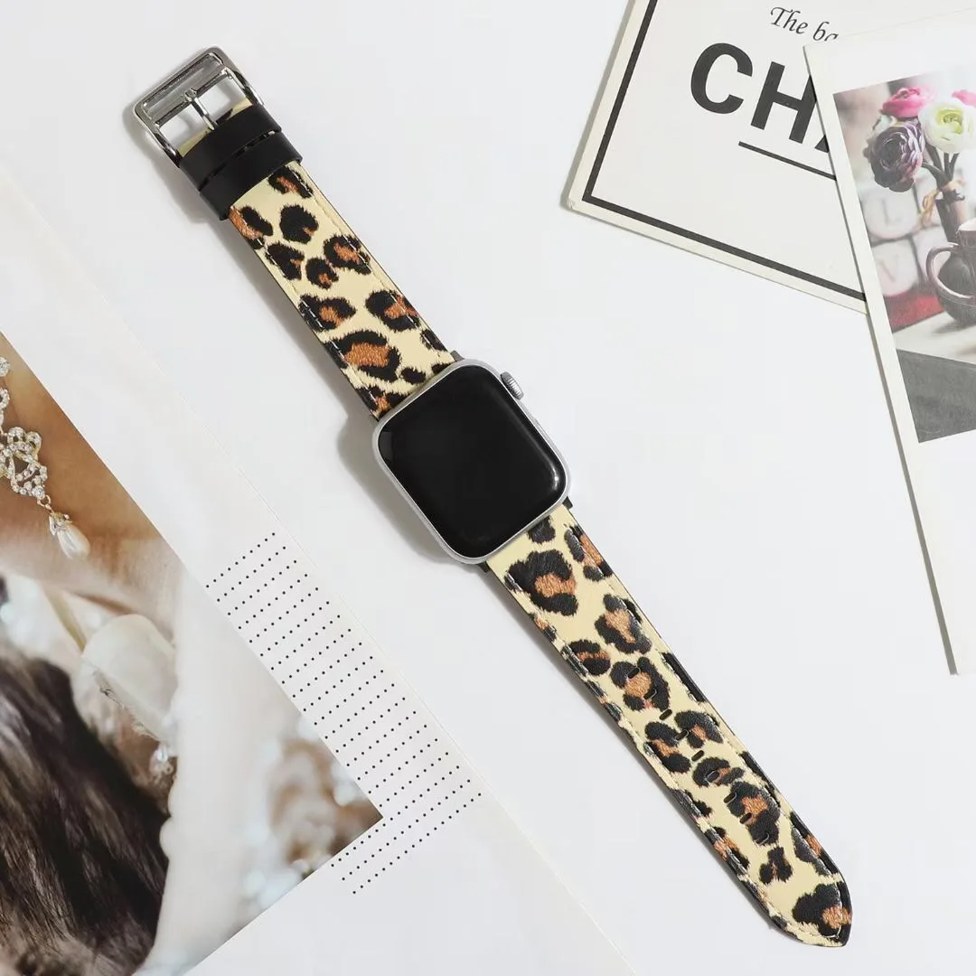 Apple Watch Band 38mm 40mm 42mm 44mm,Leopard Genuine Leather Replacement Band For Apple Watch Series 6/5/4/3/2/1iWatch SE