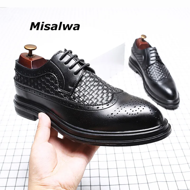 

Misalwa Men Dress Shoes Leather Autumn Stylish Black Wedding Elegant Derby Brogue Shoes Platform and Elevator Shoes Invisible