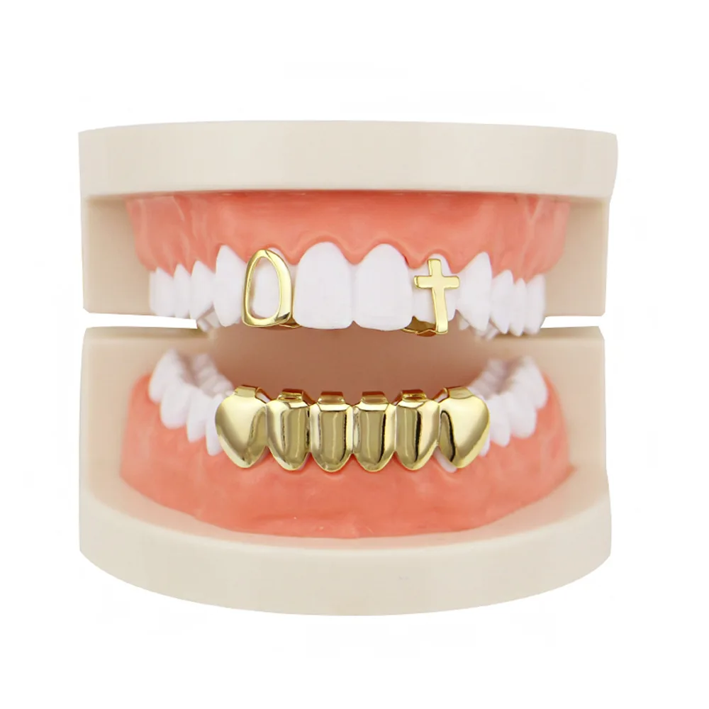 Hip-Hop Gold Color Teeth Grillz Set Mixed Design Fake Tooth Grillz  Cool Men Body Jewelry US Rap Mouth Caps