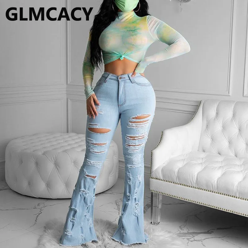

Women Rippedd Denim Flare Pants Chic Streetwear Trousers Jeans