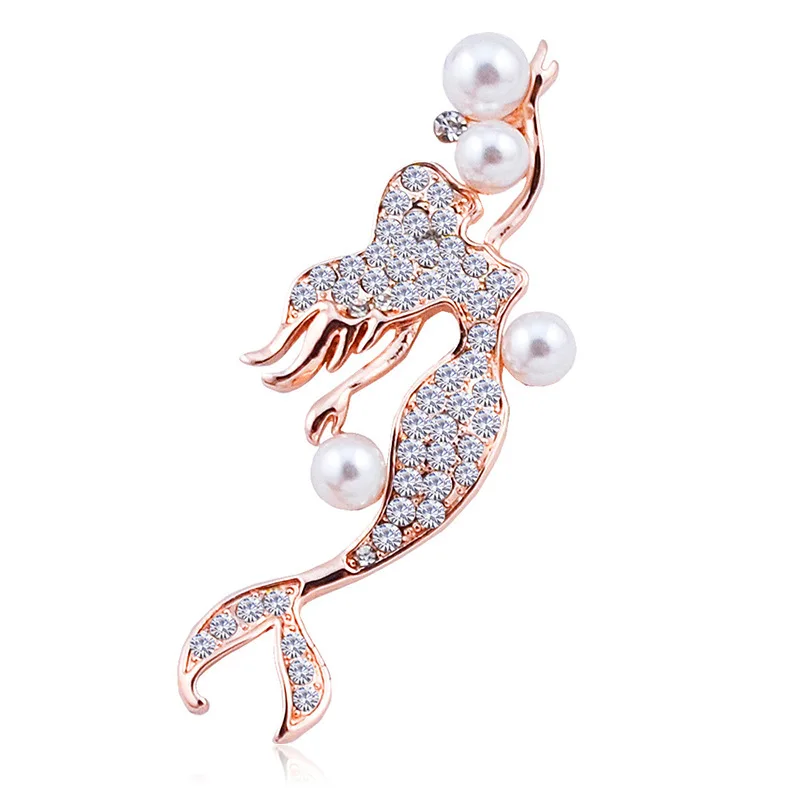 

New Fashion Pearl Mermaid Brooches Alloy Crystal Rhinestone Jewelry Women Suit Banquet Wedding Fish Pin Brooch Accessories Gifts