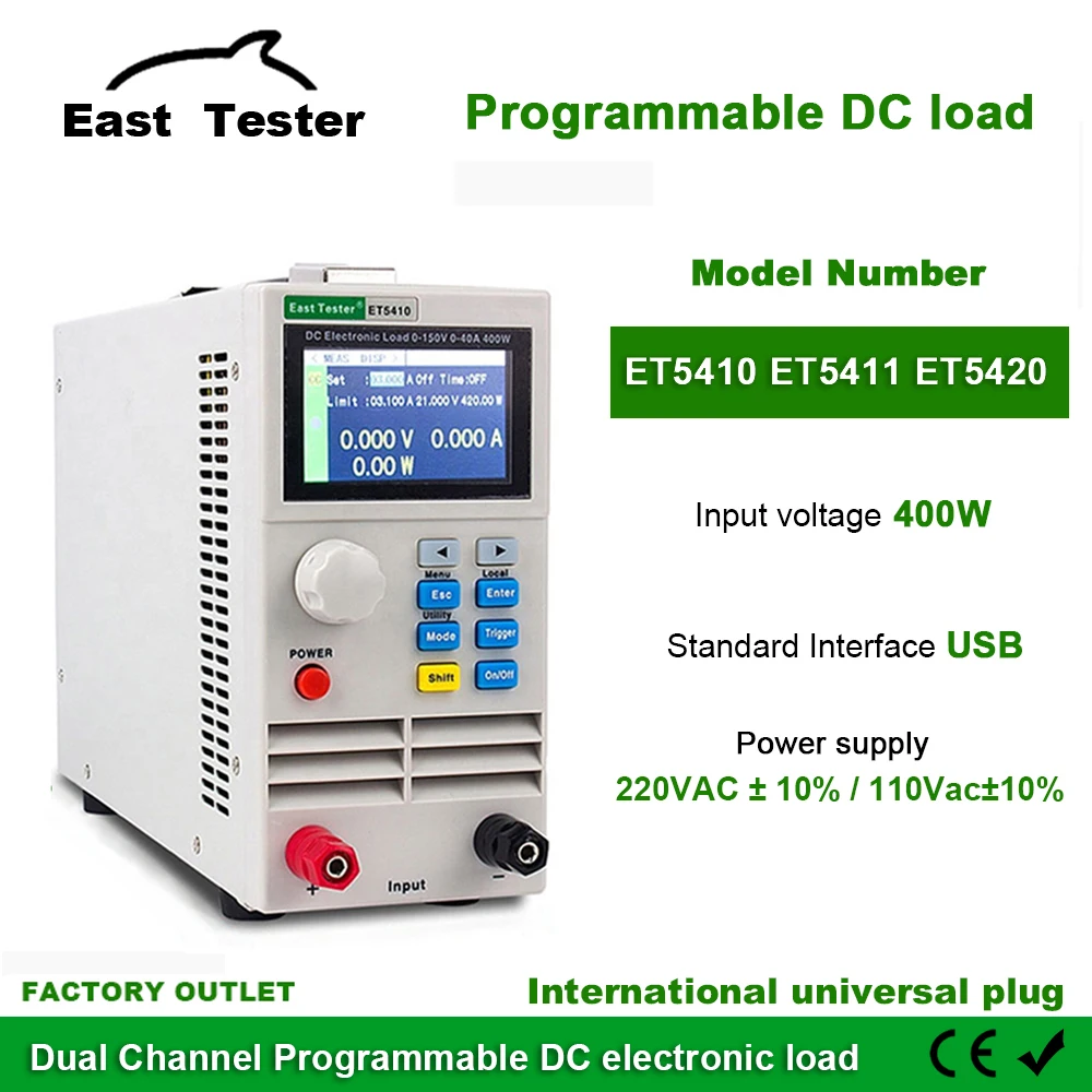 

East Tester ET5410 400W 40A Series Dual-channel Professional Programmable DC Load CNC Portable Power Battery Tester LCD Display