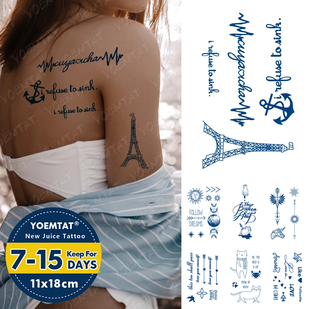 

Juice Ink Tattoos Body Art Lasting Waterproof Temporary Tattoo Sticker Eiffel Tower Tatoo Arm Fake English Text Word Tatto Women