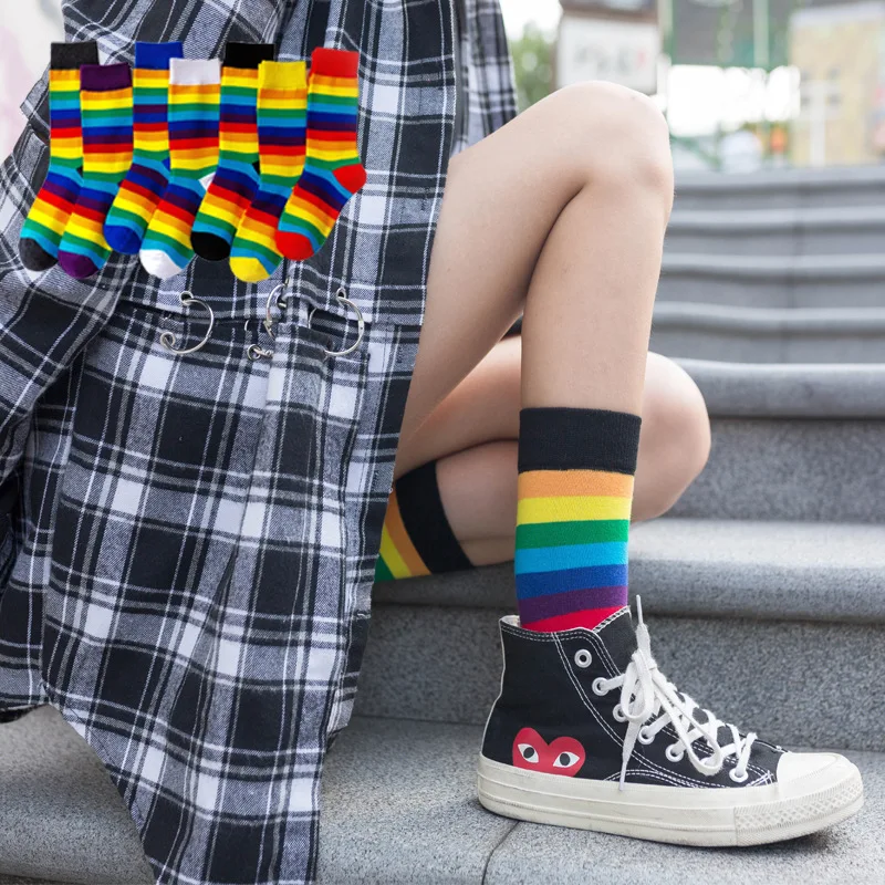 3Pairs/lot=6Pieces Autumn Winter Long Socks Fashion Womens Rainbow Stripes Sports College Wind Female Casual | Женская одежда