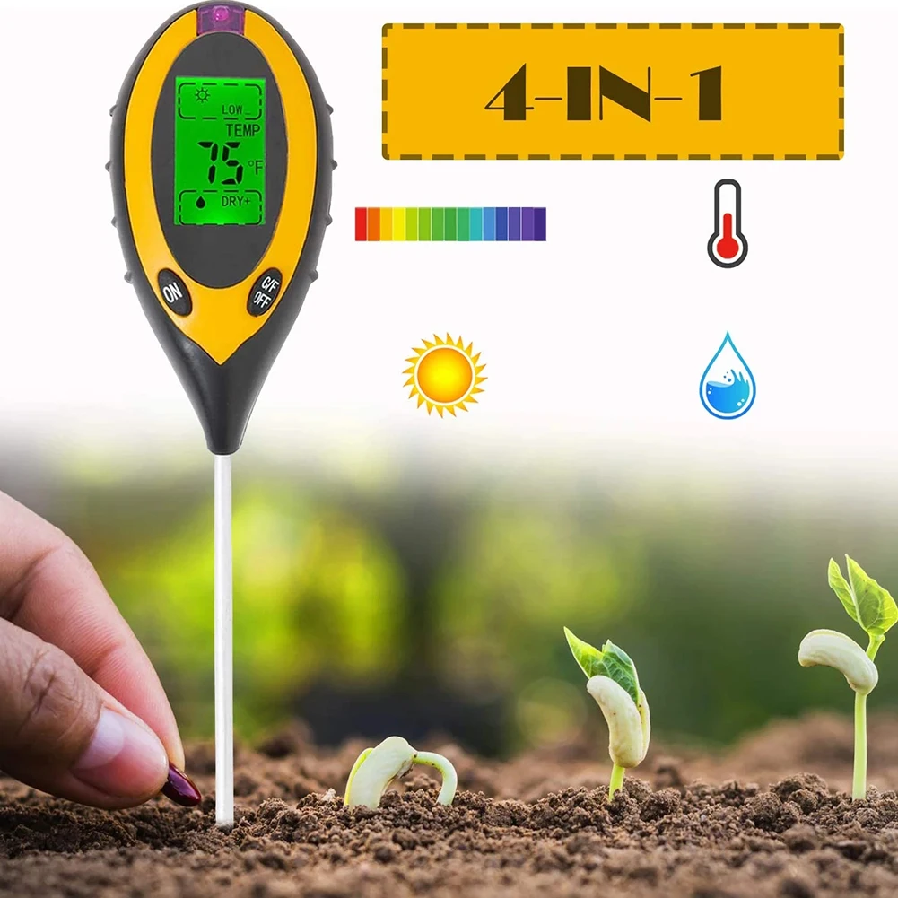 4 в 1 тестер PH почвы, измеритель влажности и кислотности с ЖК-дисплеем, цифровой измеритель температуры и влажности, набор для тестирования п...