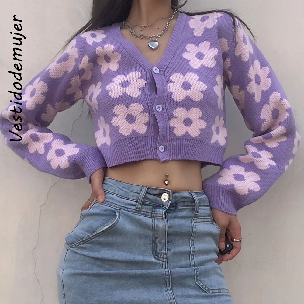 

Women Vintage Floral Print Knitted Sweaters Fashion V-Neck Long Sleeve Cardigan Short Jacket Female Autumn Sweet Knitwear Coat