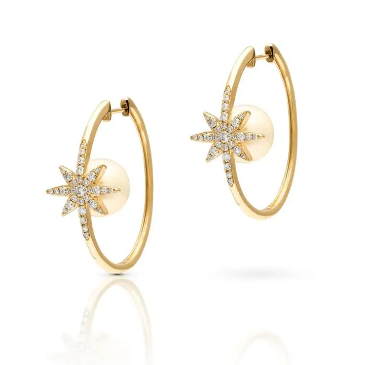 Gold gold big hoop earrings setting white round pearl delicate star snowflake CZ stone for women Gorgeous fashion charm jewelry | Украшения