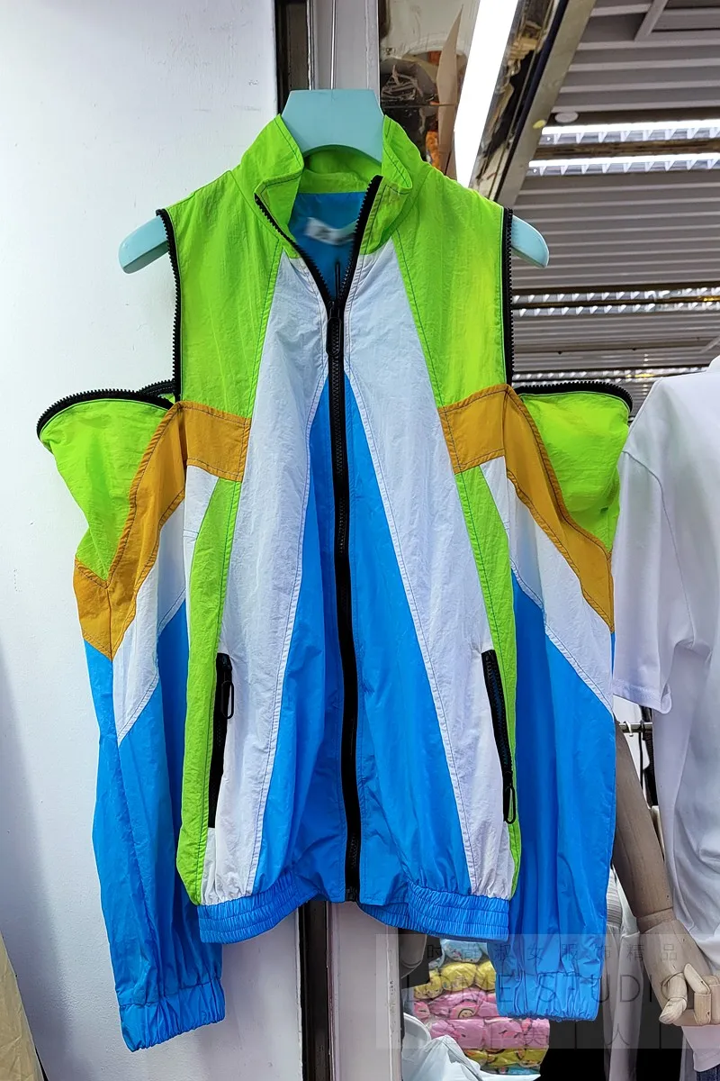

Slimming Fashion All-match Shoulder Hollow Shell Jacket Female's Color Contrast Stand Collar Zipper Sun Protection Coat