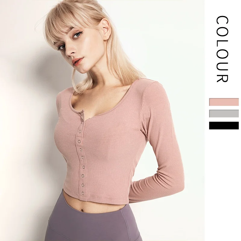 

Sports Sexy Yoga Suit Low Collar Set Gym Clothes Fitness Women Long Sleeve Crop Top Ribbed Yoga Workout Clothes
