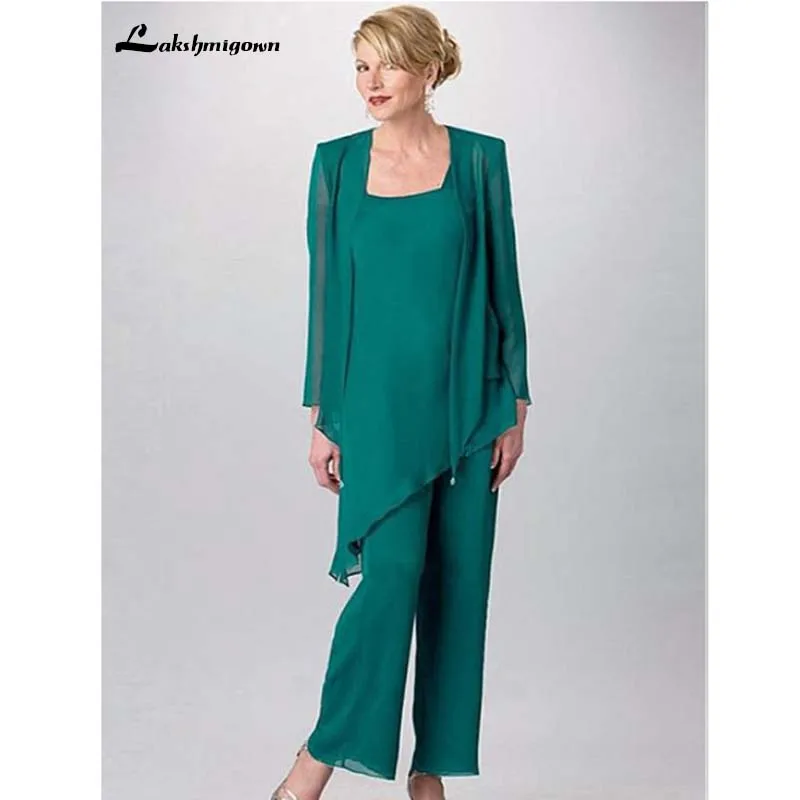 

Elegant Chiffon Mother Of The Bride Pant Suits with Jacket Three Pieces Ruched Bridal wedding Guest Party Gowns Mother's Dresses