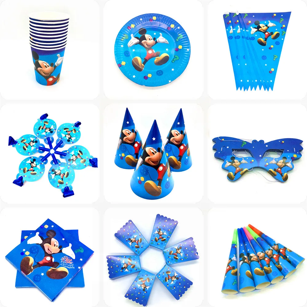Украшение для вечеринки Mickey Mouse: бумажный флаг, скатерть на стол, чашка, тарелка, шары; тематика Baby Shower, день рождения для малышей, мальчиков.