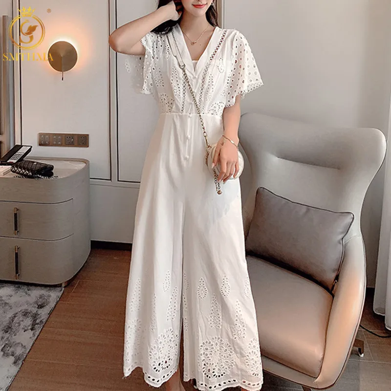 

SMTHMA Women Rompers Summer Wide Leg Overalls Vintage Lace Hollow Out Short Sleeve Jumpsuits Casual High Waist Playsuits