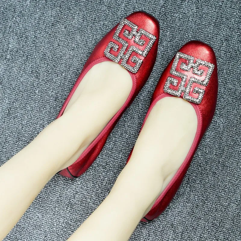 Genuine Leather Women Flats Spring Summer Slip-On Flat Shoes Square Toe Sapato Feminino Drop-shipping Rhinestone Women Ballerina