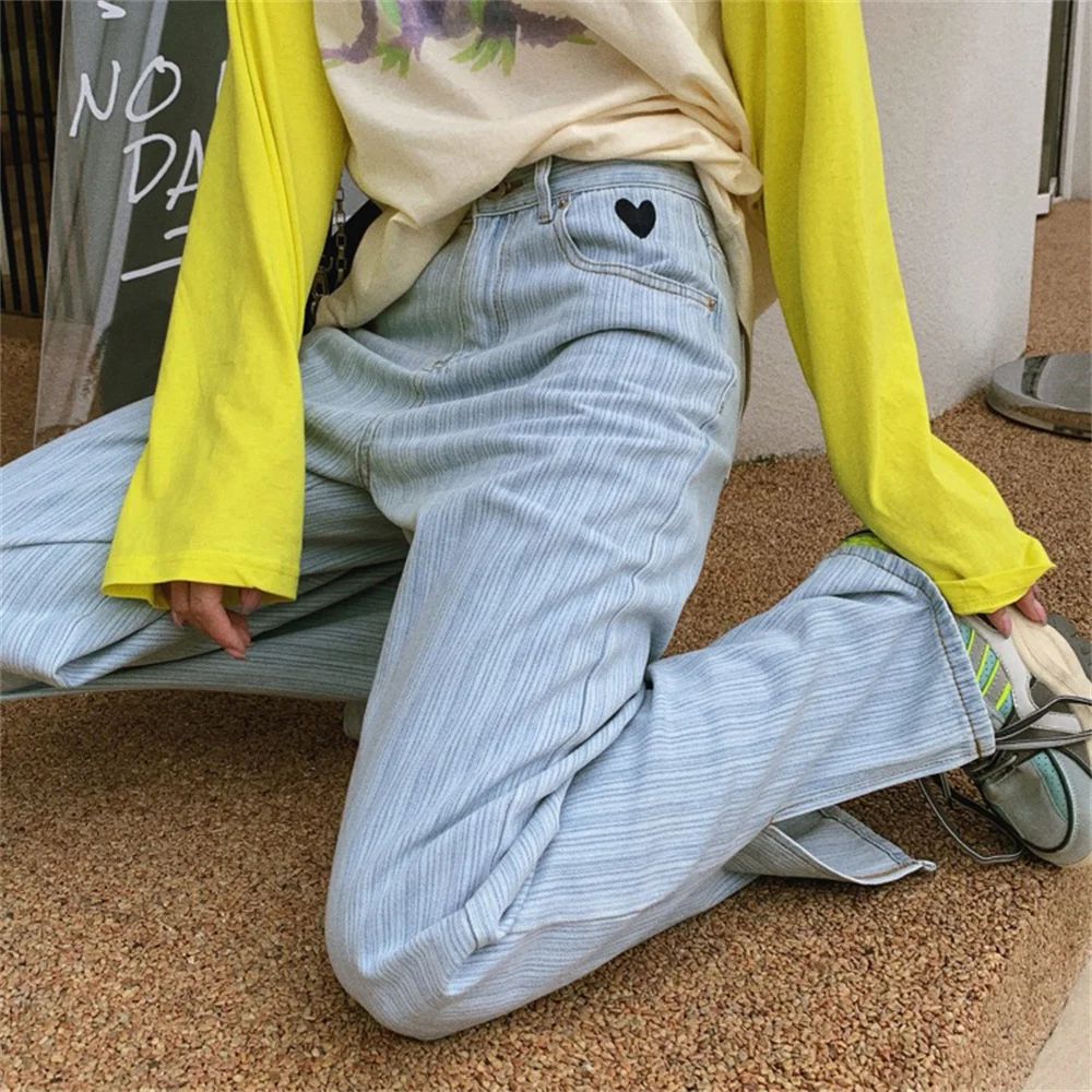 

Striped Denim Split Jeans Stylish High Waist Cowboy Mujer Loose Autumn Vintage Straight All Match Wide Leg Trousers