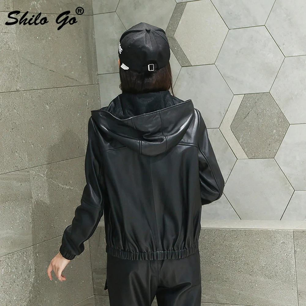 

Streetwear Hooded Zip Solid Coat Women Winter Casual Concise Office Lady Genuine Leather Baseball Jacket Sheepskin Outwear