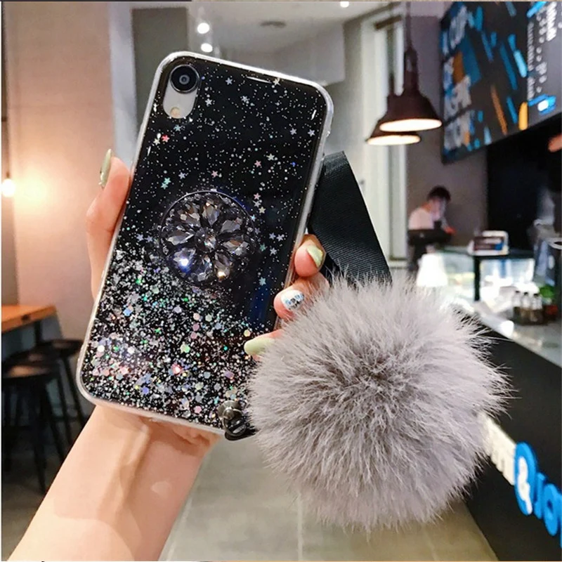 black Чехол из ТПУ для samsung Not10Plus S10P для iPhone 11 Pro MAX 6 6splus 8Plus 7 Plus DIY держатель с кристаллами+ меховой шарик+ ремешок чехол для телефона - Цвет: black