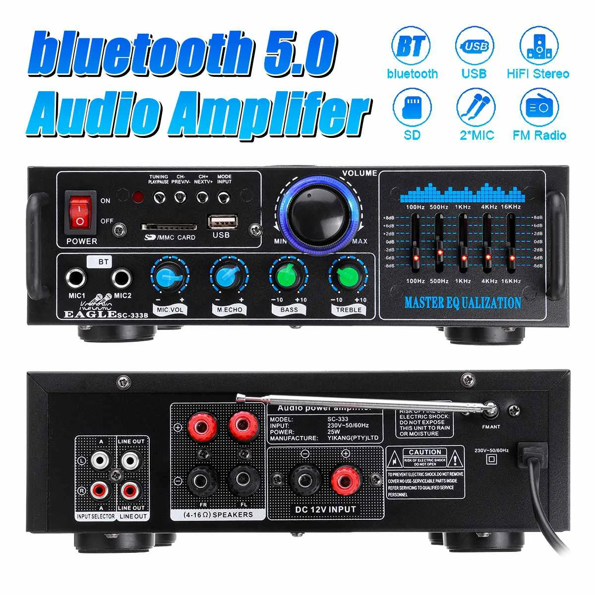 

2000W Home Theater Amplifiers EQ mixer USB FM 2 Mic input 2CH 2000W Stereo Power Amplifier HiFi bluetooth Audio Power Amplifiers