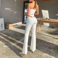 2021 women high waist hollow out white flare pants ribbed sexy back triangle knitted wide leg pants clothing new trousers spring