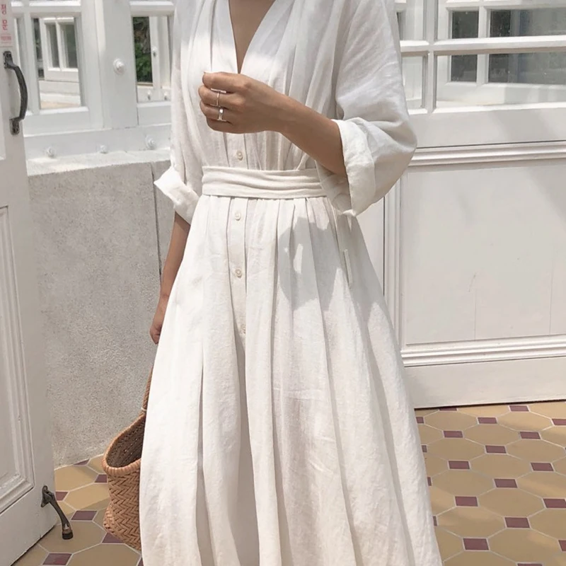 

Korean Women Casual Dress Solid Ankle-Length Autumn Party Dress Vestidos Cute Clothing Office Lady Fold Loose Belt Dress