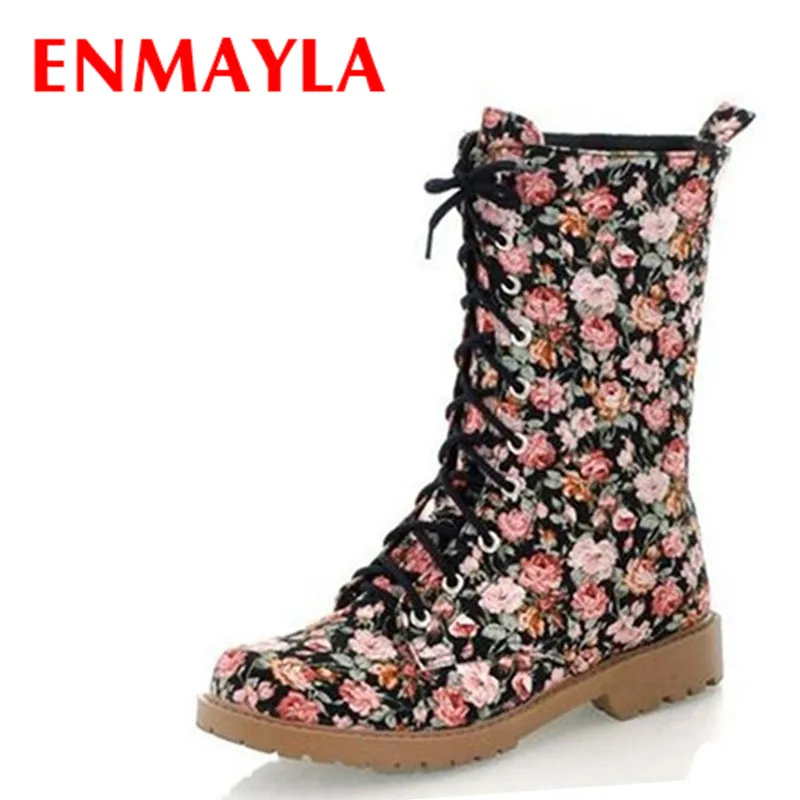 Женские парусиновые сапоги ENMAYLA с цветочным принтом на шнуровке Осень-зима |
