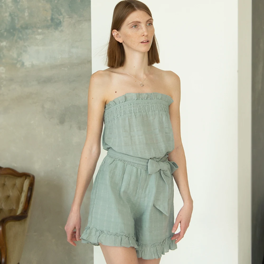 Sexy Off-Shoulder Waist Bow Tie Folds Female Tops Loose Sleeveless Backless Short Jumpsuits Casual Ruffle Stitching Women's Sets