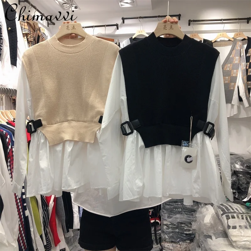 

Женская Повседневная модная Свободная рубашка контрастных цветов с длинным рукавом, облегающий трикотажный топ для дам