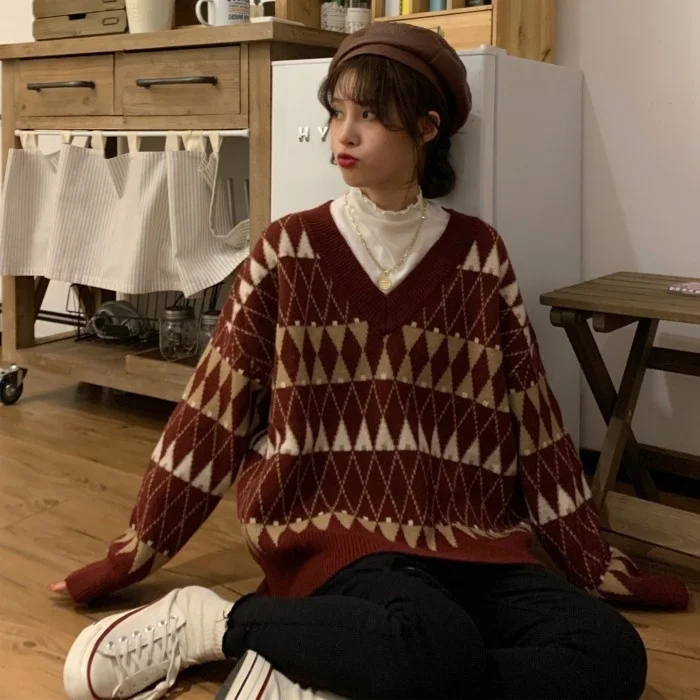 

Женский Универсальный трикотажный свитер, красный Свободный базовый свитер с V-образным вырезом, лето 2021