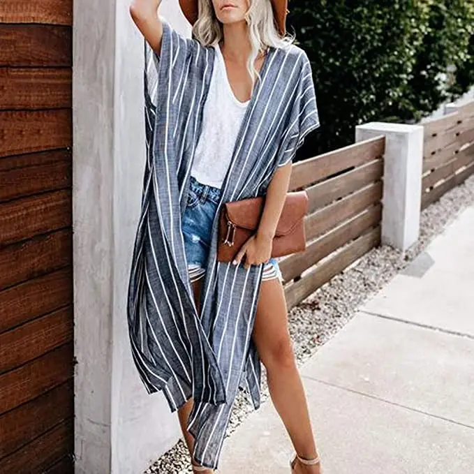 Богемная летняя пляжная одежда в полоску стиле бохо длинное кимоно женский