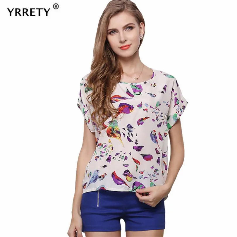 YRRETY Summer Stars Blouse Women Sunflower Bird Chiffon Print Stripe Plaid Shirt Cross Love Blouse Short Sleeve Lipstick Shirts