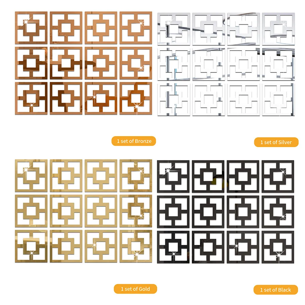

12pcs X Mirror-like Decals 11.02*11.02inch Square Hollow Mirror Wall Sticker For Room Bedroom Decoration Home Decor DIY