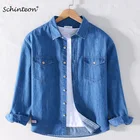 Мужская джинсовая рубашка Schinteon, 2021 хлопок, с двумя карманами спереди, длинным рукавом и отложным воротником, повседневная Осенняя рубашка, 100%