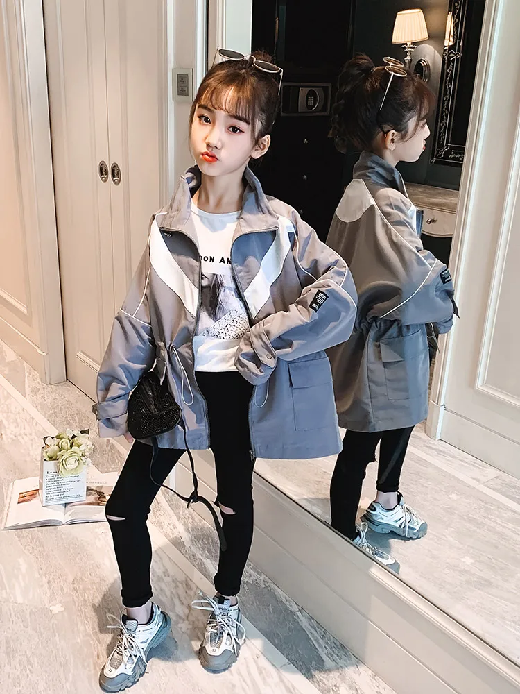 

Girls Spring And Autumn Leisure Solid Color Matching Windbreaker Jacket
