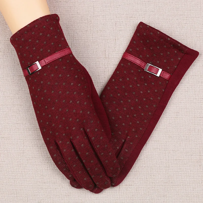 

Autumn Winter Women Warm Leather Metal Button Dot Touch Screen Driving Glove Plus Plush Cotton Windproof Cycling Mitten O8