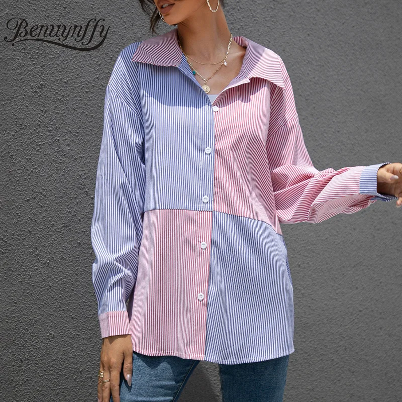 

Benuynffy женские блузки контрастные полосатые рубашки с пуговицами женские корейские модные рубашки с длинным рукавом Осенняя повседневная ж...