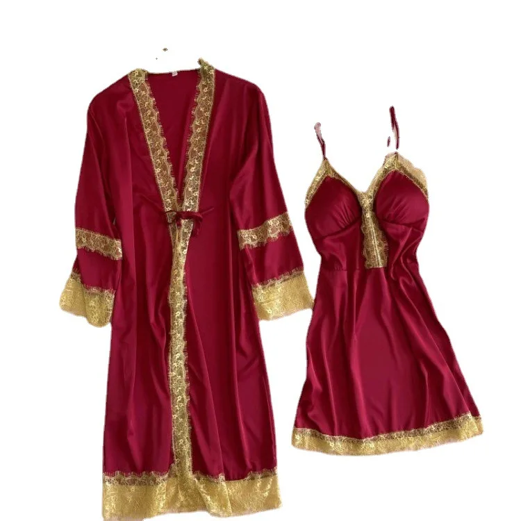 

Sexy Lady Robe Kimono Gown Summer Thin Satin 2PCS Sleepwear Nightgown Casual Loose Home Clothes Patchwork Lace Intimate Lingerie