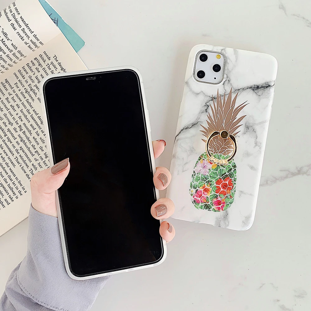 Gilded Pineapple Marble Finger Ring Phone Case For iPhone 11 Pro Max XR XS X 7 8 6S Plus Soft IMD Cover Bag | Мобильные телефоны и