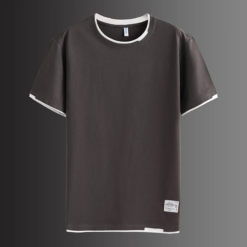 

Hot sale New short sleeve men solid t-shirt o-neck soft solid cotton elastic breathable Fake two pieces men half-sleeved t-shirt