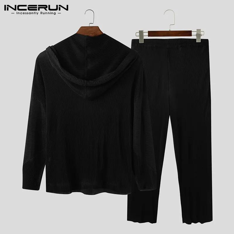 

Men Sets Solid Color 2021 Streetwear Long Sleeve Hooded Sweatshirts Pants Folds Casual Men Tracksuit Sets Loose INCERUN Autumn