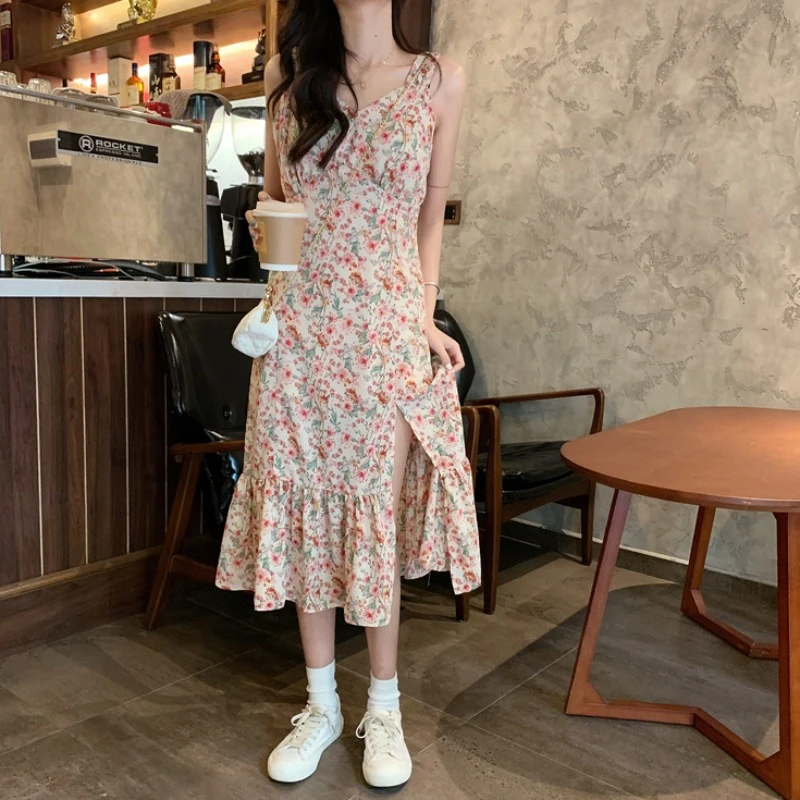

Sling Chiffon Dress Summer Women's New Sexy Open Back Slit Design Over The Knee Mid-length Print Dress Y954