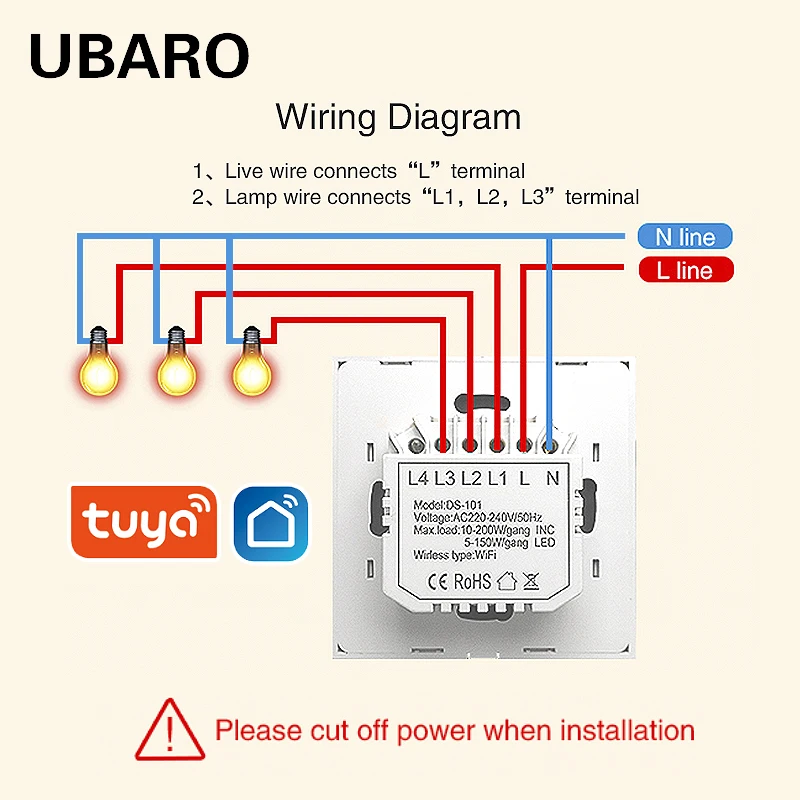 

Wifi Wall Touch Switch Tuya Smart Life Support Alexa Google Home Voice Live&Neutral Wire App Remote Switch 1/2/3 Gang Ac170-240V