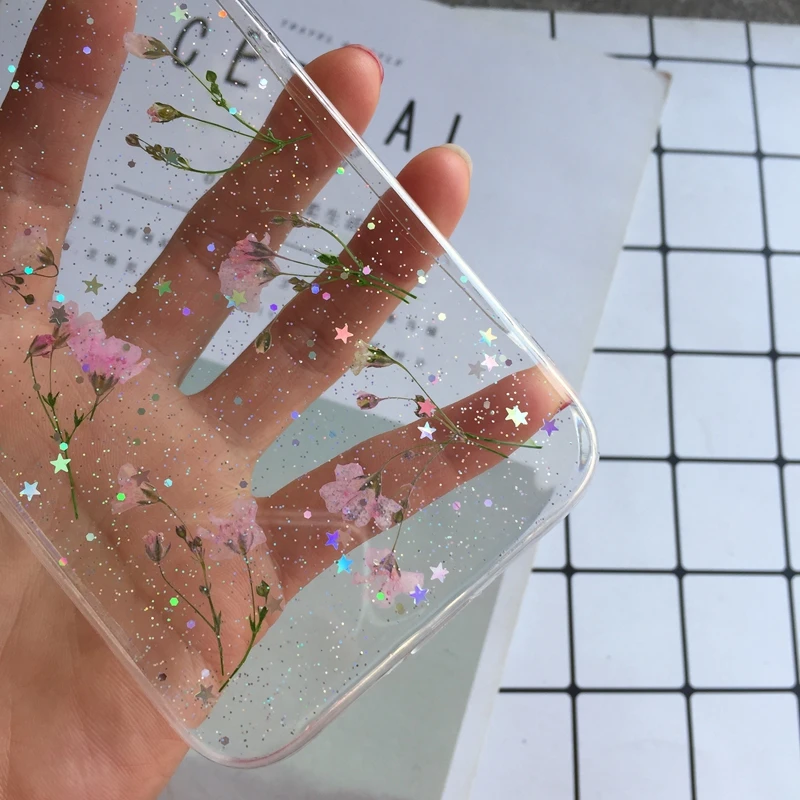 Tfshining настоящий прессованный высушенный чехол с цветами для iphone 11 11pro max X XR Xs max 6 6s 7 8 plus, прозрачный чехол, блестящий девчачий чехол