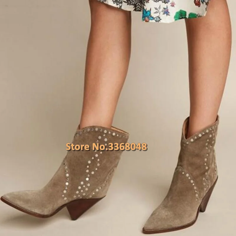 

Suede Leather Rivets Studded Women Ankle Boots Fashion Pointed Toe Spike Heels Brown Boots Slip On Woman Gladiator Shoes